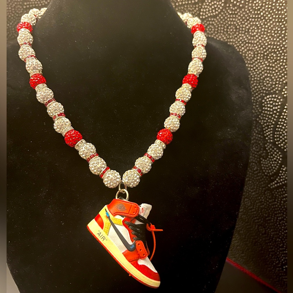 Red, silver rhinestone beads & red, white rhinestone spacers Jordan shoe pendant